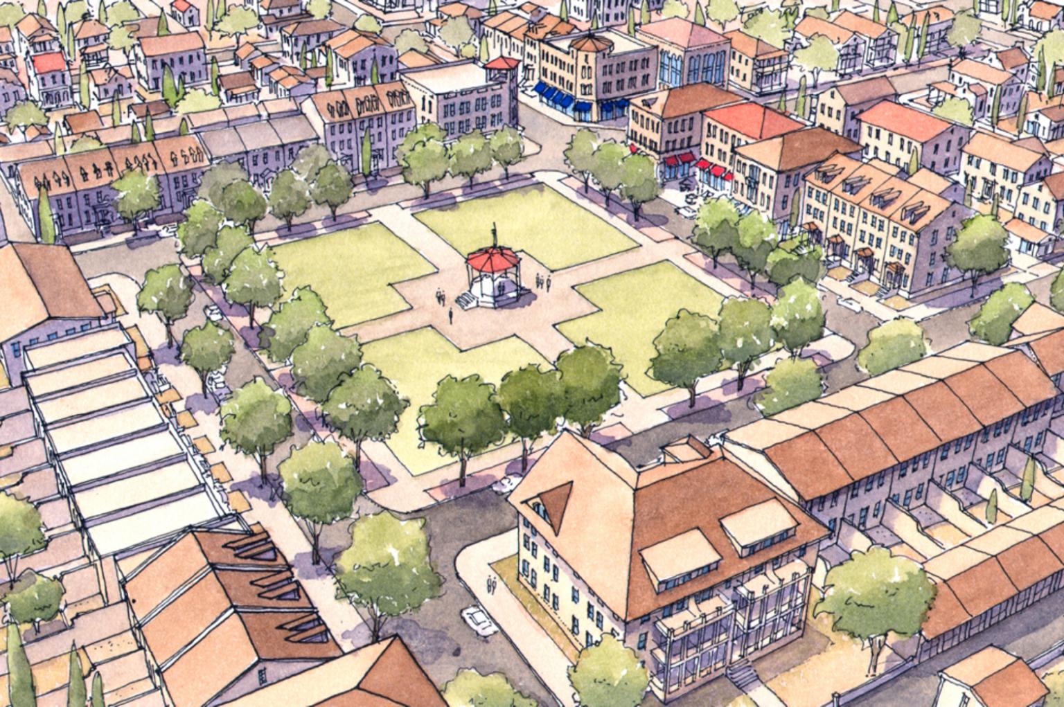 Hand-rendered urban square concept drawing by Castillo Arquitectos